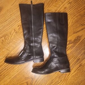 Nine West Black Genuine Leather Buckle Moto Tall Zip Riding Boots